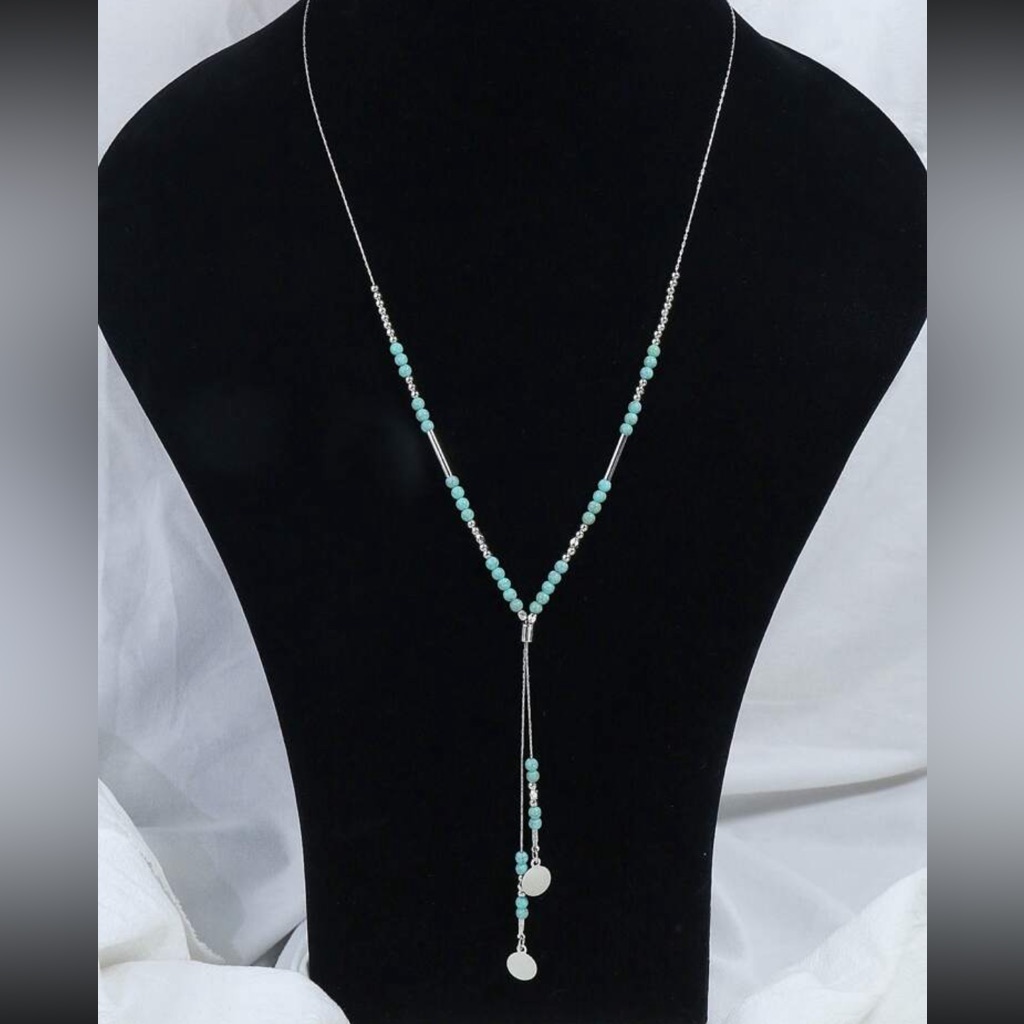 Silver & Blue Western Style Turquoise Decor Disc Charm Y Lariat Necklace